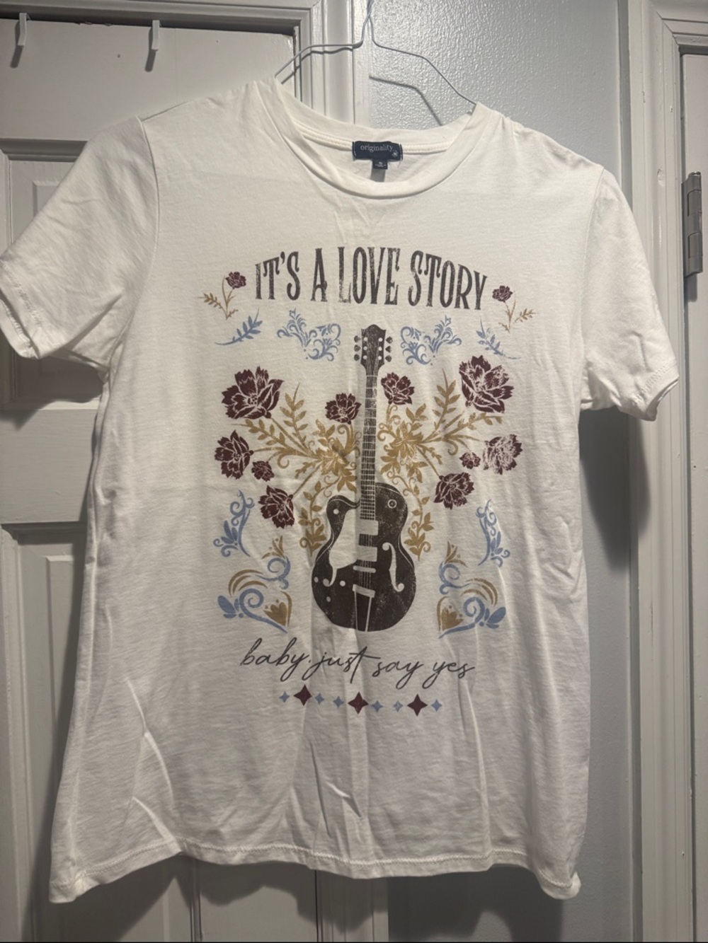 White Graphic Tee - It's A Love Story Guitar Floral